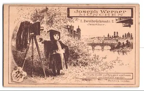Fotografie Joseph Werner, München, Zweibrückenstr. 2, Münchner Kindle mit Plattenkamera vor der Stadt
