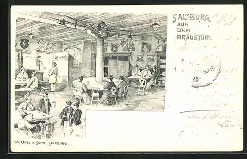 Künstler-AK Salzburg, Gasthaus Bräustübl, Gaststube