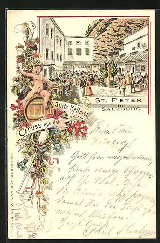 Vorläufer-Lithographie Salzburg, 1895, Gasthaus Stifts-Kellerei St. Peter, Blick in den Hof