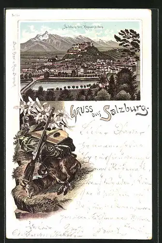 Lithographie Salzburg, Stadtansicht vom Kapuzinerberg, Jagdgewehr und Zither