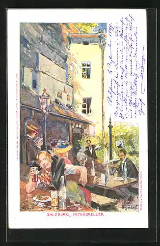 Künstler-AK Salzburg, Gasthaus Peterskeller, Garten