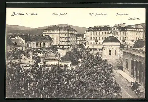 AK Baden, Teilansicht mit Hotel Bristol und Cafe Josefplatz