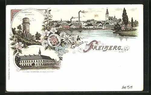 Lithographie Freiberg, K. k. Lehrerbildungs-Anstalt, Stramberger Butterfass, Panorama