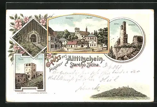 Lithographie Alttitschein, Stadtplatz, Ruine, Mariengrotte