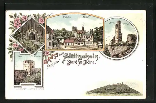 Lithographie Alttitschein, Stadtplatz, Ruine, Mariengrotte