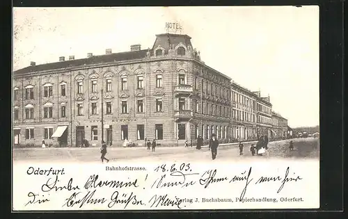 AK Oderfurt, Bahnhofstrasse mit Hotel Moravia