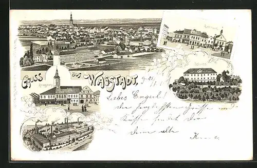 Lithographie Wagstadt, Fabrik Salcher, Schloss, Rathaus