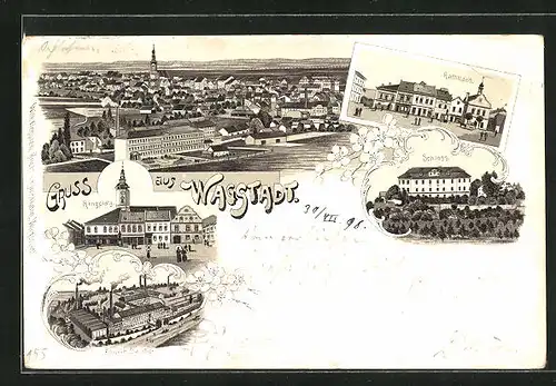 Lithographie Wagstadt, Fabrik Salcher, Schloss, Rathaus, Totalansicht