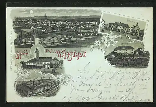 Mondschein-Lithographie Wagstadt, Fabrik Salcher, Schloss, Rathaus, Totalansicht