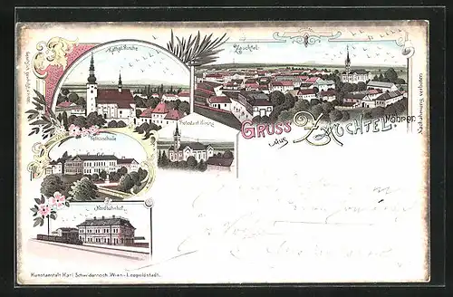 Lithographie Zauchtel, Volksschule, Kath. Kirche, Nordbahnhof, Protest. Kirche