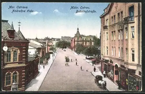 AK Mähr. Ostrau, Bahnhofstrasse mit Geschäften