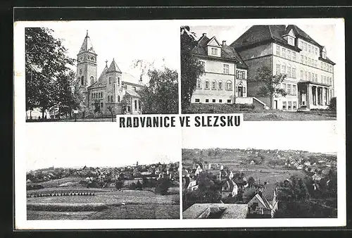 AK Radvanice ve Slezsku, Teilansicht, Kirche, Strassenpartie mit Gebäudeansicht