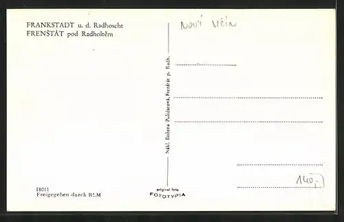 AK Frenstat pod Radhostem, Strassenpartie mit Drogerie und Denkmal