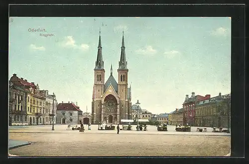 AK Oderfurt, Markt auf dem Ringplatz gegen Kirche