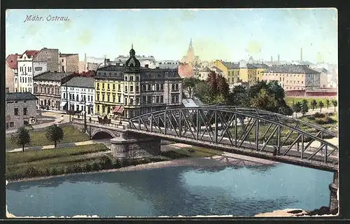 AK Mähr. Ostrau, Flusspartie mit Reichsbrücke im Sonnenschein
