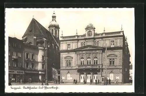 AK Troppau /Opava, Stadttheater und Pfarrkirche