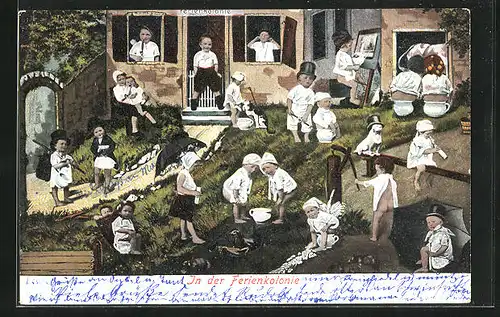 AK Kinder in der Ferienkolonie, Toilettenhumor