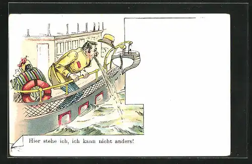 Lithographie Mann an der Reling, Toilettenhumor