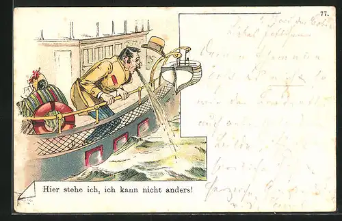 Lithographie Mann an der Reling, Toilettenhumor