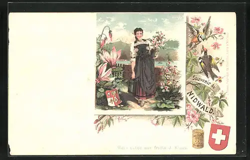 Lithographie Reklame für J. Klaus, Dame aus Nidwald