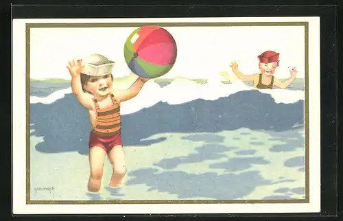 Künstler-AK Kinder mit Wasserball, Bademode
