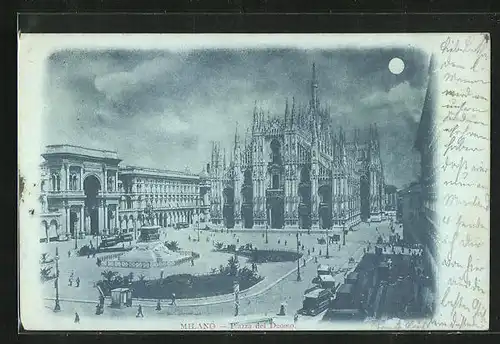 Mondschein-AK Milano, Piazza del Duomo