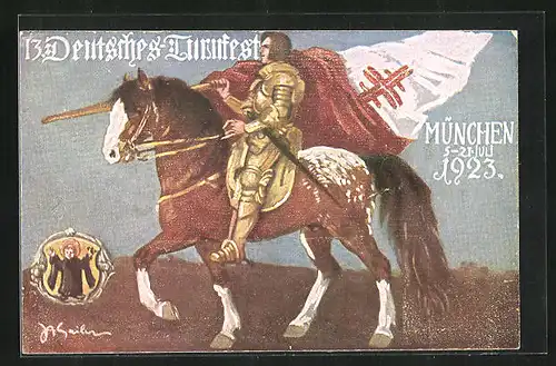 Künstler-AK München, 13. Deutsches Turnfest 1923, Ritter mit Fahne zu Pferde, Münchner Kindl