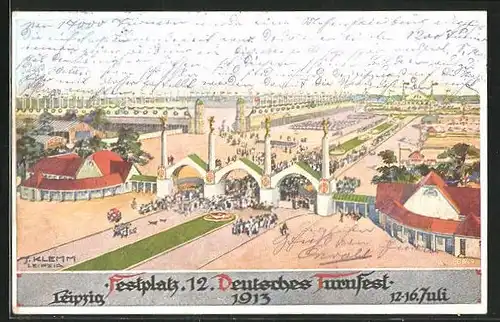 Künstler-AK Leipzig, 12. Deutsches Turnfest 1913, Eingang zum Festplatz