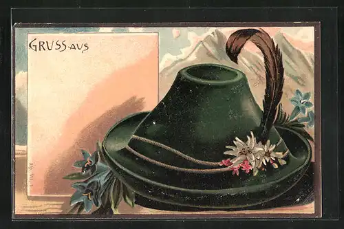 Präge-AK Hut mit Alpenblumen und Bergen
