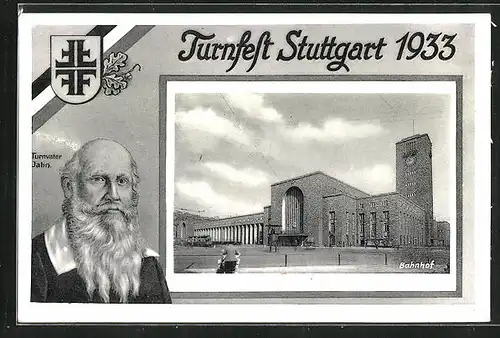 AK Stuttgart, Turnfest 1933, Bahnhof, Turnvater Jahn