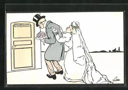 AK Brautpaar vor der Tür zum Standesamt