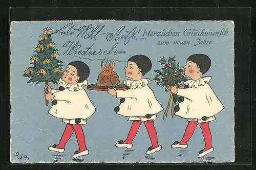 AK Drei Harlekins mit Tannenbaum und Kuchen, Neujahrsgruss