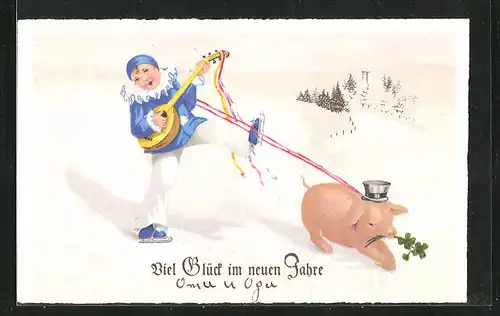 AK Harlekin mit Laute und Schwein an der Leine, Neujahrsgruss