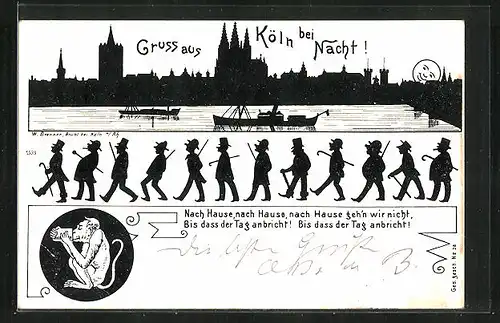 Künstler-AK Köln, Teilansicht mit Dom bei Nacht, Herren, Affe trinkt aus einem Glas