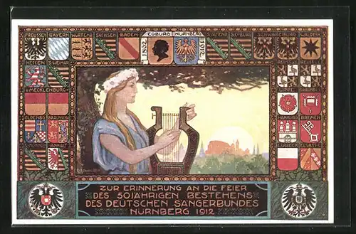 Künstler-AK Nürnberg, VIII. Deutsches Sängerbundesfest 1912, Frau mit Harfe, Ganzsache Bayern, Wappen