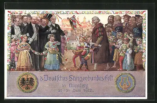 Künstler-AK Nürnberg, 8. Deutsches Sängerbundesfest 1912, Älterer Herr u. Kinder mit Lauten, Ganzsache Bayern