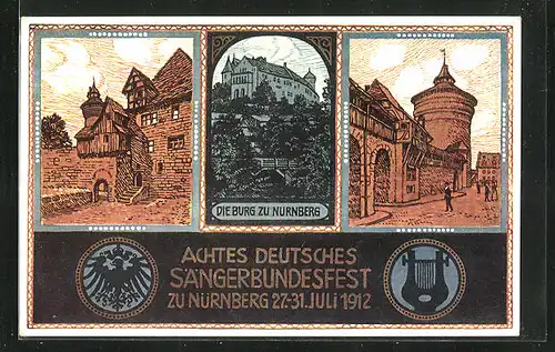 Künstler-AK Nürnberg, VIII. Deutsches Sängerbundesfest 1912, Die Burg, Ortspartien, Ganzsache Bayern