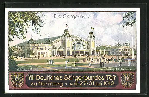 Künstler-AK Nürnberg, VIII. Deutsches Sängerbundesfest 1912, Die Sängerhalle, Ganzsache Bayern