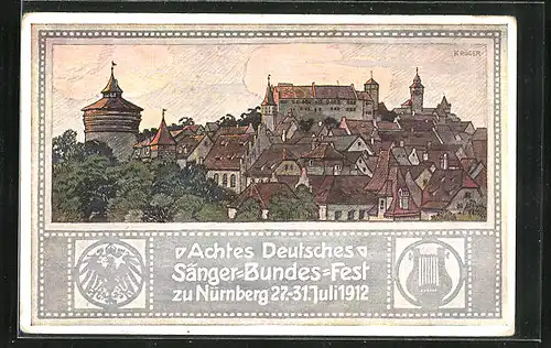 Künstler-AK Nürnberg, Achtes Deutsches Sängerbundesfest 1912, Teilansicht, Ganzsache Bayern