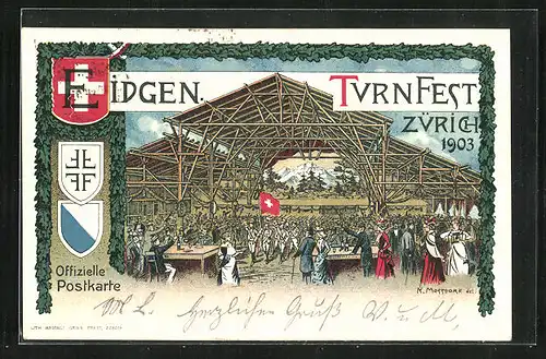 Lithographie Zürich, Eidgenössisches Turnfest 1903, Turner mit Fahne, Wappen