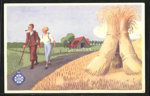 AK Junges Paar an einem Feld, Camping