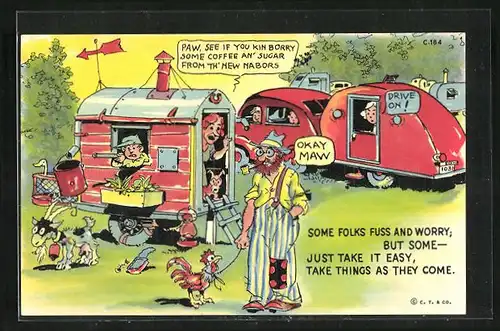 AK Some folks fuss an worry..., Mann mit Huhn an der Leine auf dem Campingplatz