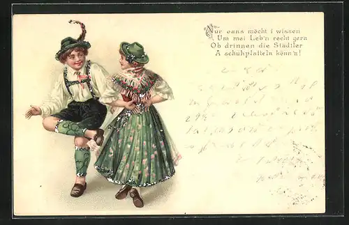 Glitzer-AK Nur oans möcht i wissen..., Paar in Tracht beim Volkstanz