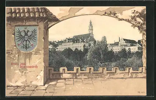 Passepartout-AK Donauwörth, Ortspartie mit Wappen