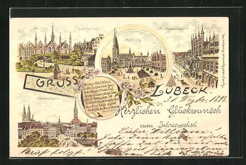 Lithographie Lübeck, Marktplatz, Geibel-Denkmal, Lübeck vom Holstentor