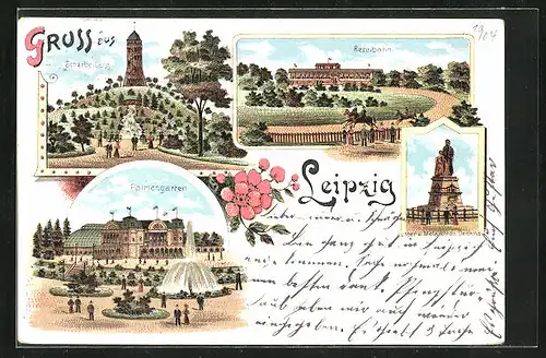 Lithographie Leipzig, Scherbelberg, Rennbahn, Palmengarten
