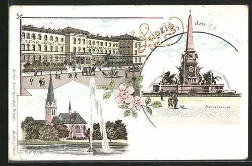 Lithographie Leipzig, Hôtel Dresdner Bahnhof, Mendebrunnen, Luther Kirche