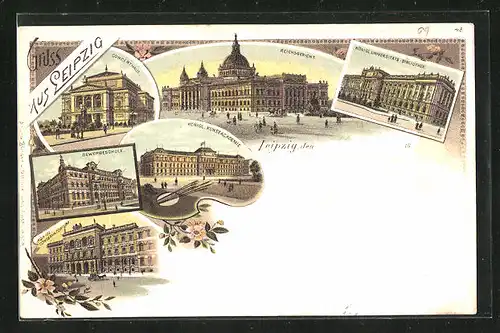 Lithographie Leipzig, Reichsgericht, Gewerbeschule, Königliche Kunstakademie