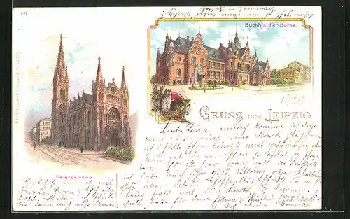Lithographie Leipzig, Buchhändler-Börse, Peterskirche