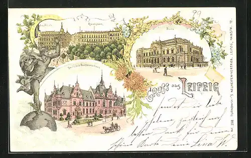 Lithographie Leipzig, Kaufhaus Aug. Polich & Reichsbank, Börse, Deutsches Buchhändlerhaus